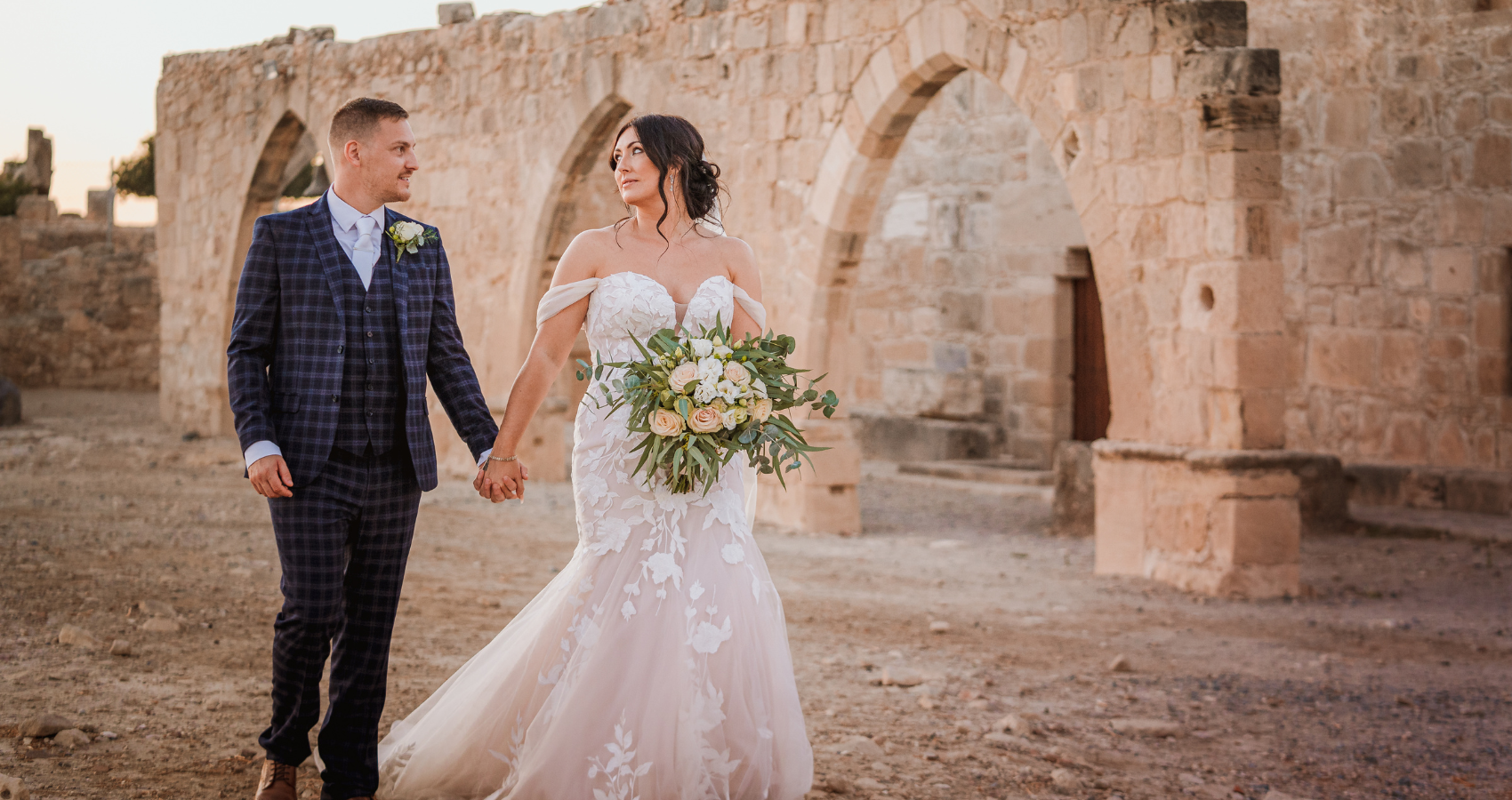 Bride Wearing Lace Mermaid Wedding Dress Called Hattie By Rebecca Ingram With Groom Who Dress For Body Type