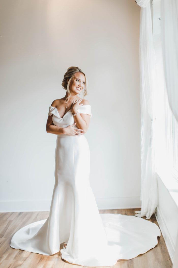 Bride In Off The Shoulder Satin Wedding Dress Called Josie By Rebecca Ingram Who Dress For Body Type