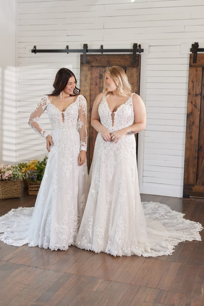 Two Brides, One Plus Size Bride, Wearing A Classic Wedding Dress Called Johanna By Maggie Sottero 