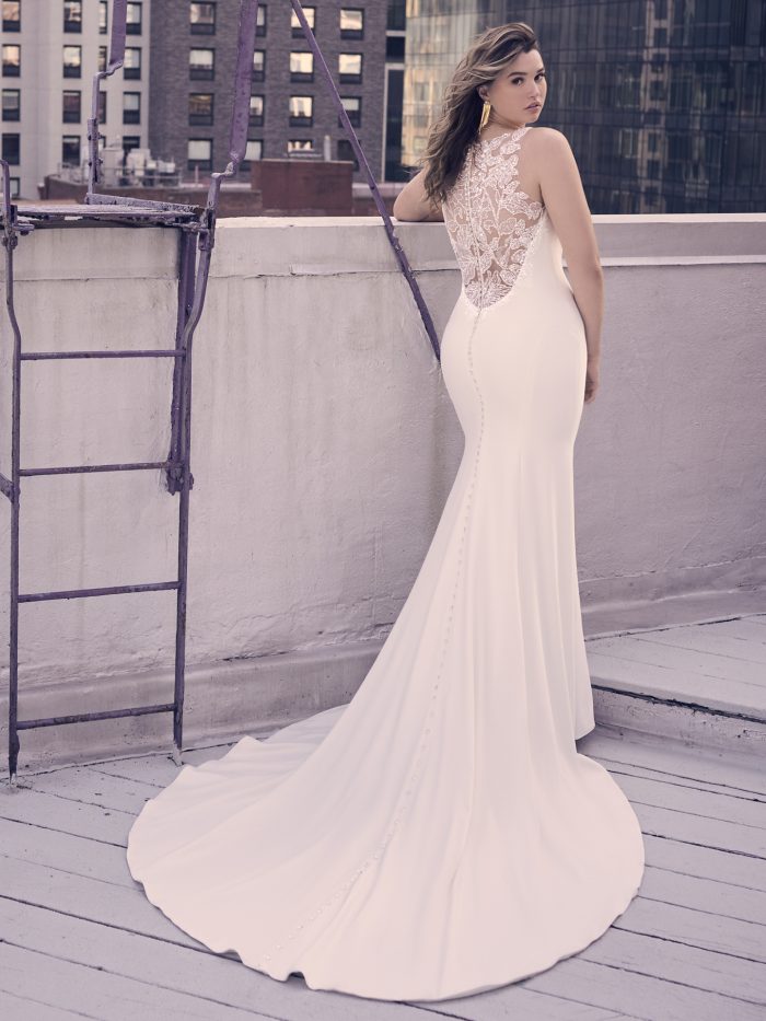 Bride In Wedding Dress With Unique Back Called Noah By Maggie Sottero