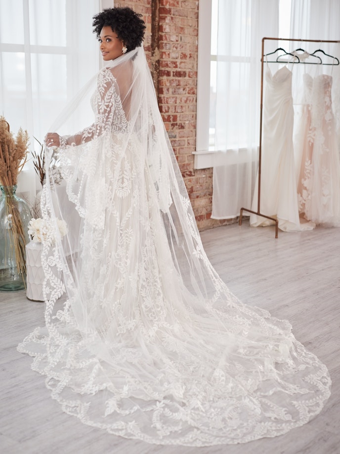 Bride In Boho Lace Wedding Veil Called Brooklyn By Sottero And Midgley