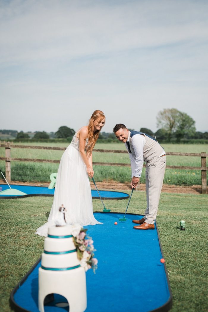 Simple Bridal Shower Ideas Of Having Mini Putt Putt Golf At Your Bridal Shower With Bride Wearing A Dress Called Charlene By Maggie Sottero