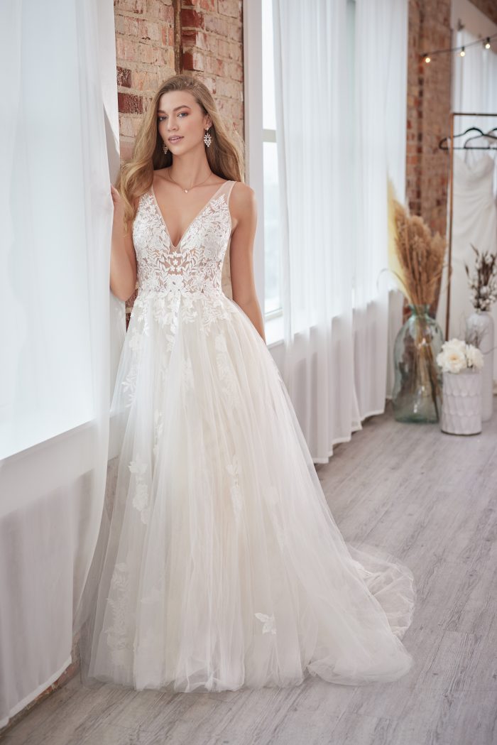 Bride Wearing Romantic Wedding Dresses A-Line Lace Gown Called Greenley Lane By Maggie Sottero
