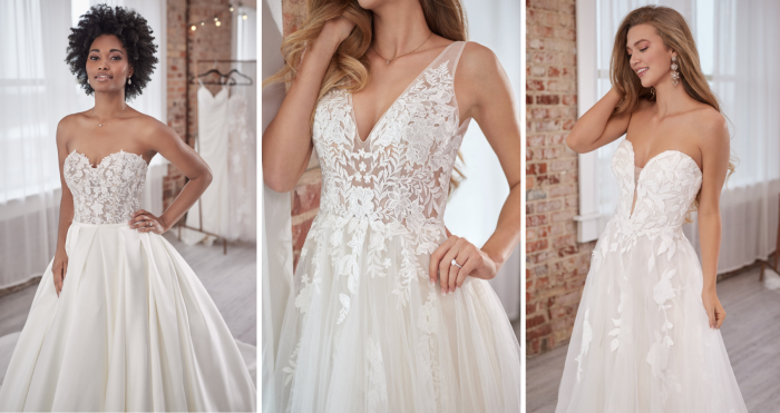 Romantic Wedding Dresses Blog Header With Brides Wearing Wedding Gowns Called Zulima By Sottreo And Midgley, Greenley Lane By Maggie Sottero, And Hattie Lane Marie By Rebecca Ingram