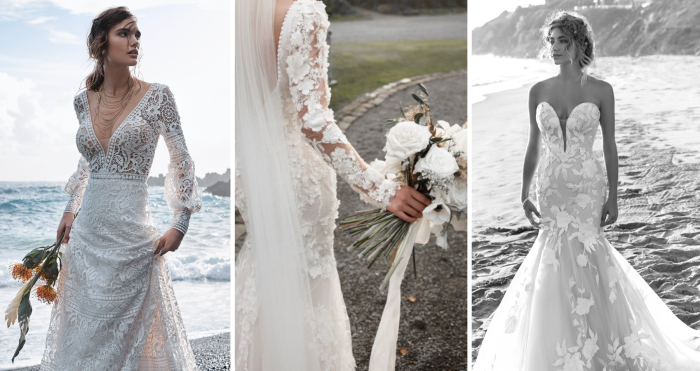 Blog Header Image For V Neck Wedding Dress Blog With Bride Wearing Finley By Sottero And Midgley, Cruz By Maggie Sottero, And Hattie By Rebecca Ingram