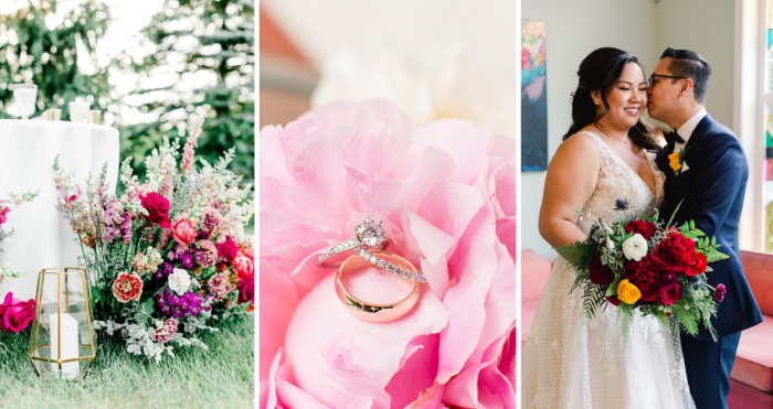 Valentines Day On A Budget Blog Header With Pink Flowers, Engagement Rings, And An Asian Bride Wearing A Dress Called Meryl By Maggie Sottero