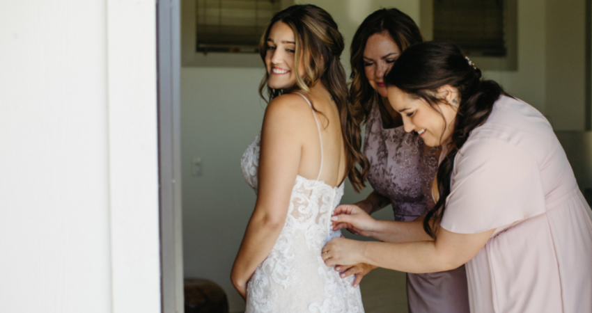 Bride In Lace Wedding Dress Called Tuscany Royale By Maggie Sottero With Wedding Undergarments