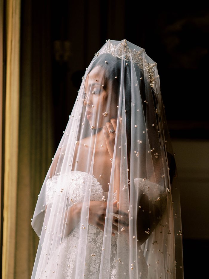 Photo Of Bride Wearing Pearl Bridal Veil Called Pierce By Sottero And Midgley