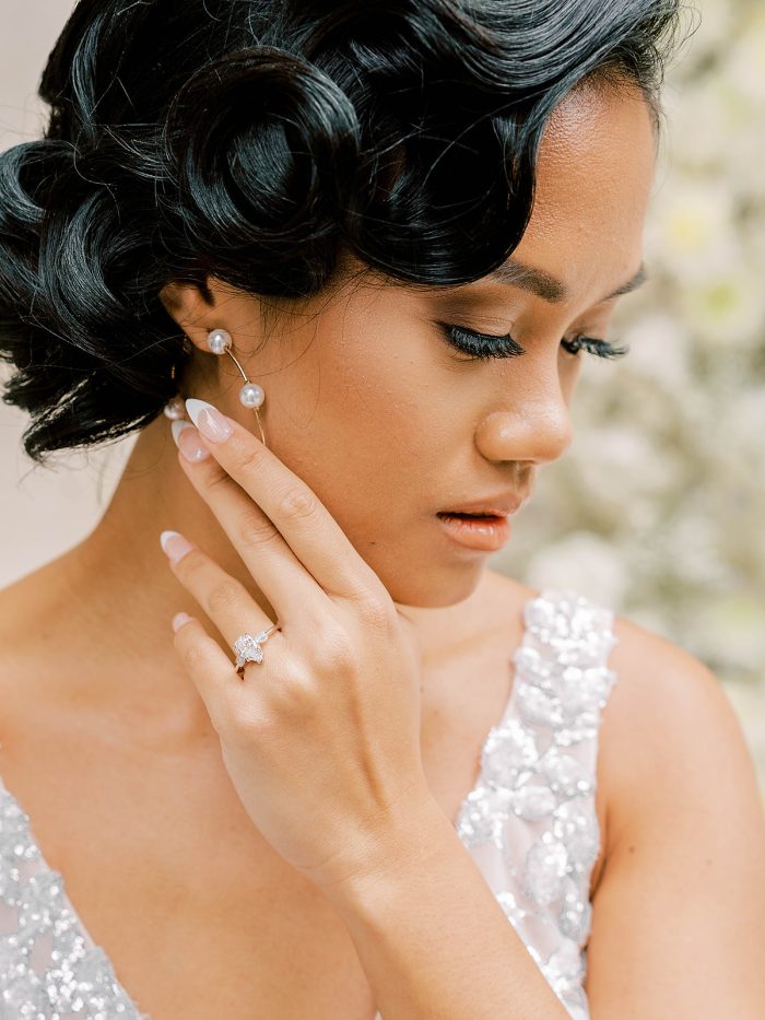 Bride Wearing Pearl Wedding Earrings 