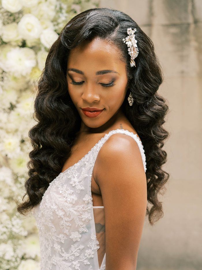 Photo of Bride Wearing Pierce Wedding Dress By Sottero And Midgley With Pearl Headpiece