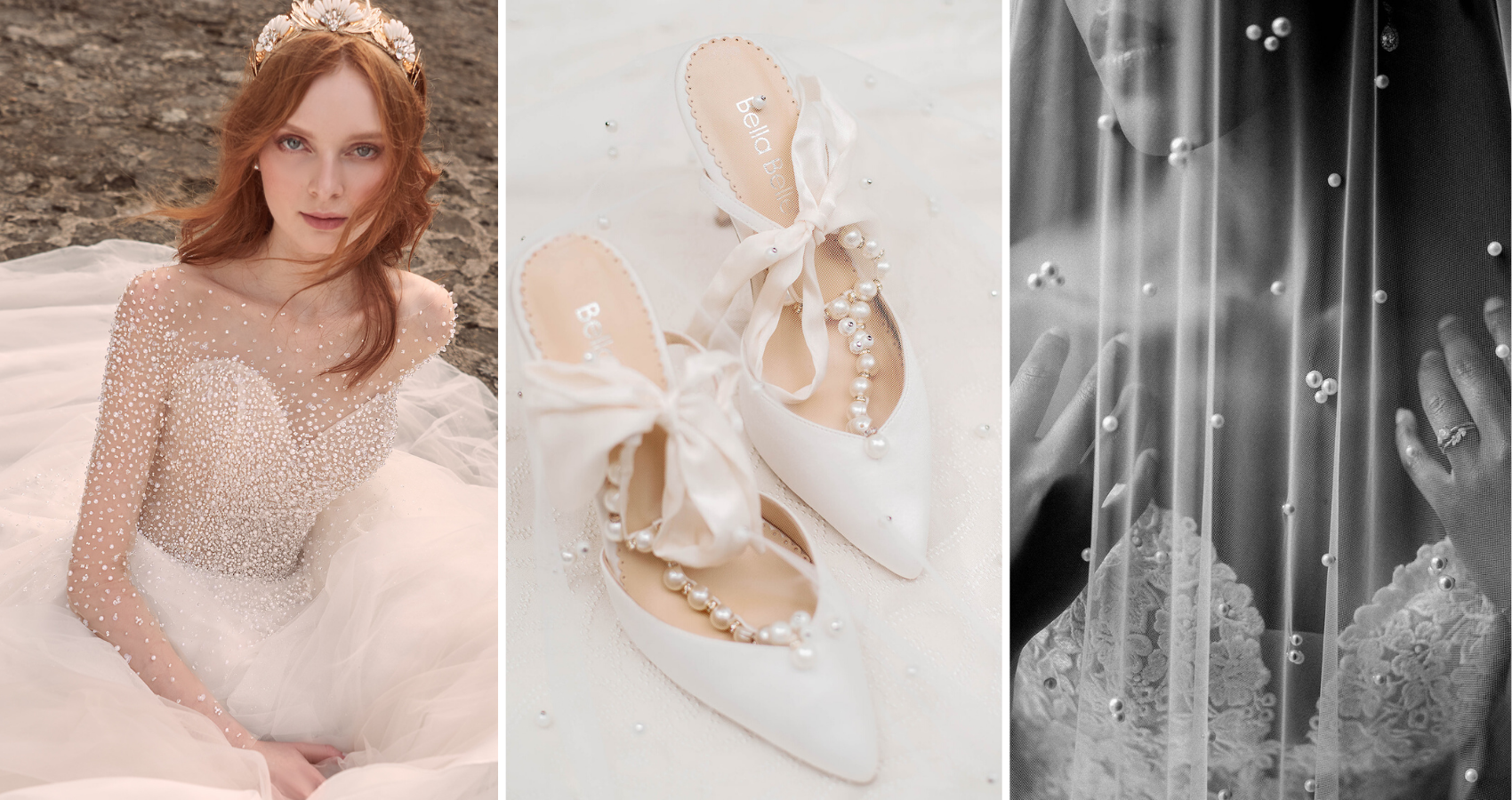 Wedding Pearls Blog Header With Bride Wearing Rosette By Maggie Sottero, Pearl Wedding Heels, And A Bride Wearing A Pearl Veil Called Pierce By Sottero And Midgley