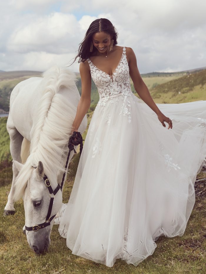 Bride In Lace Wedding Dress Called Matilda By Rebecca Ingram At Ranch Wedding Venue Idea