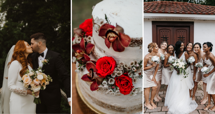 Spring Wedding Colors Blog Header With Bride Wearing Aston By Maggie Sottero Kissing Husband, A Cake With Red Flowers, And A Bride Wearing Kevyn By Sottero and Midgley