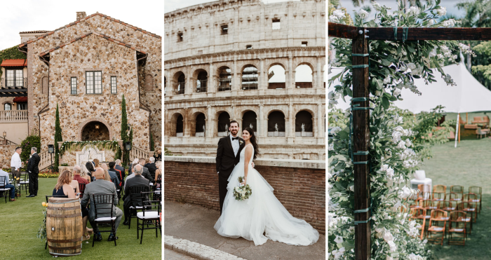 Wedding Venue Ideas Blog Header With Vineyard Wedding, Garden Wedding, And Rome Elopement Wedding With Bride And Groom With Bride Wearing A Dress Called Fatima By Maggie Sottero