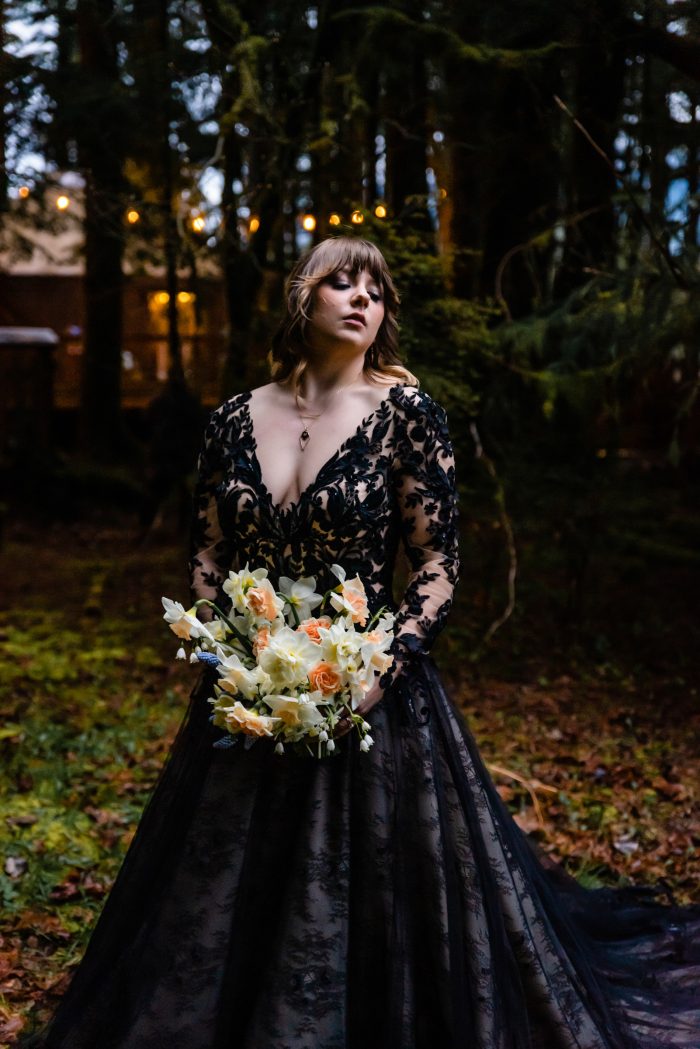 Bride In Black Wedding Dress In Forest Wedding Venue Ideas Called Zander by Sottero and Midgley