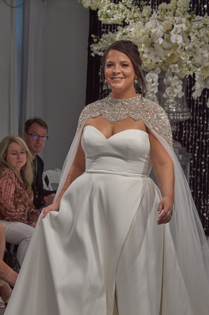 Plus Sized Model In Crystal Bridal Cape Called Clark By Sottero And Midgley
