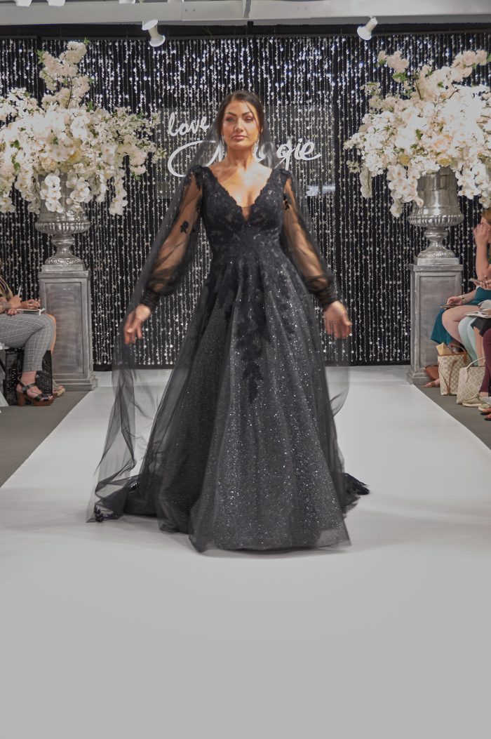 Model In Long Sleeve Black Wedding Dress Called Alexandria By Rebecca Ingram