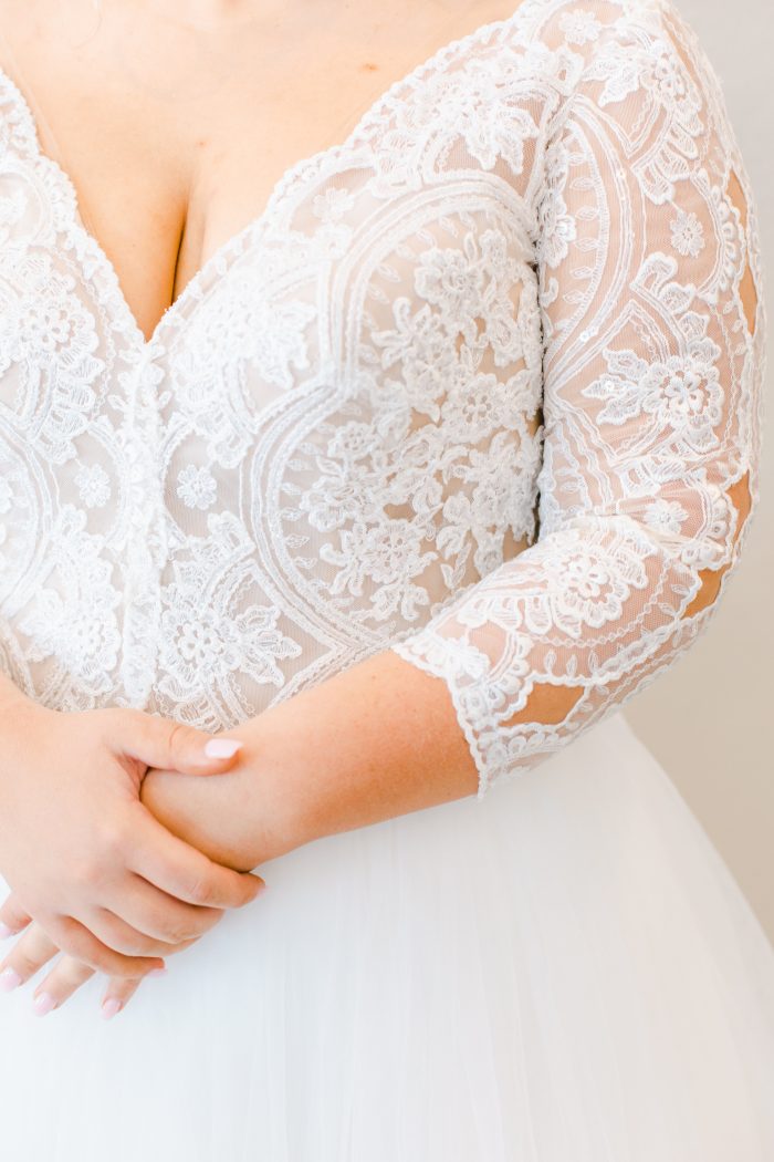 Bride Wearing A Lace Feminine Wedding Dress Called Mallory Dawn By Maggie Sottero With Girly Wedding Nails