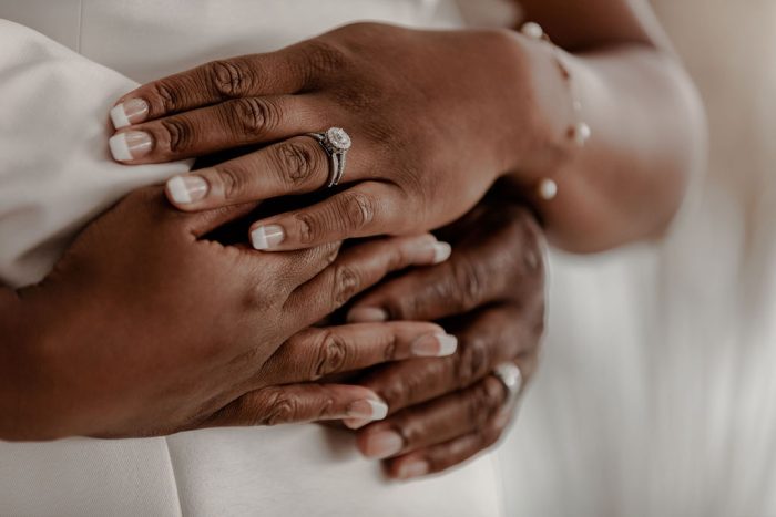 Bride Wearing Satin Ballgown Called Josie By Rebecca Ingram With French Tip Wedding Nails