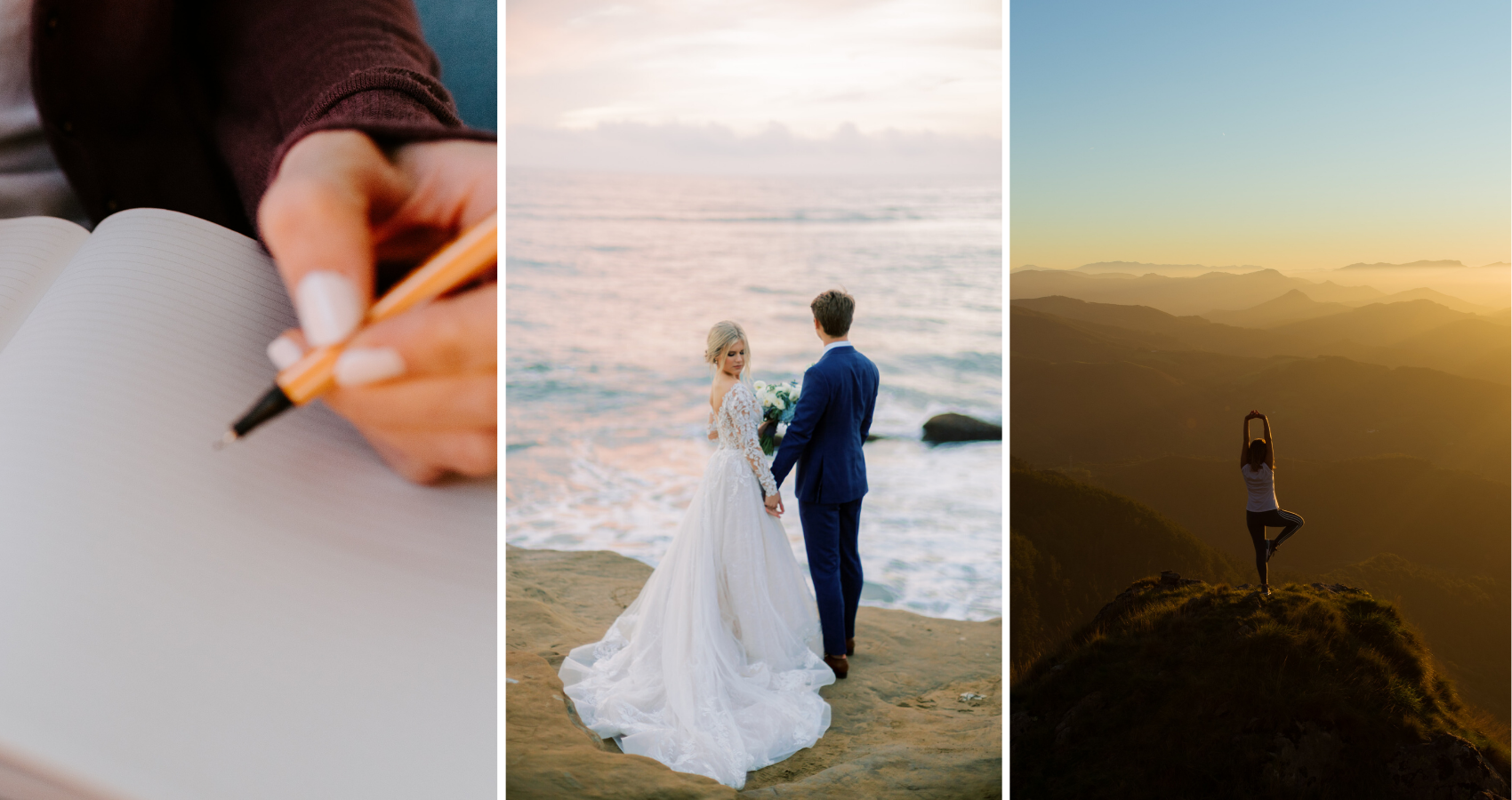 Mental Health Awareness Blog Collage From Maggie Sottero Designs Of Woman Journaling, A Bride Wearing A Wedding Dress Called Zander By Sottero And Midgley With Groom On Cliff, And A Woman Doing Sunset Yoga