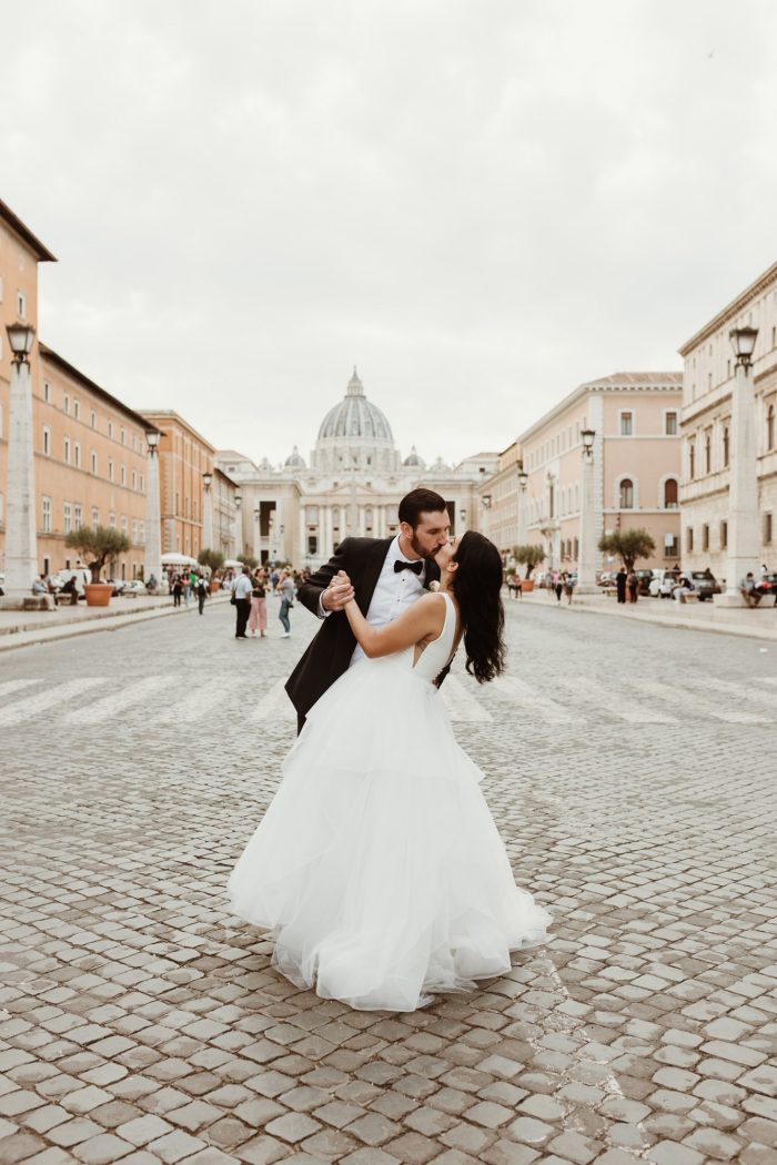Bride Wearing Simple Wedding Dresses Called Fatima By Maggie Sottero With Groom In Rome Elopement