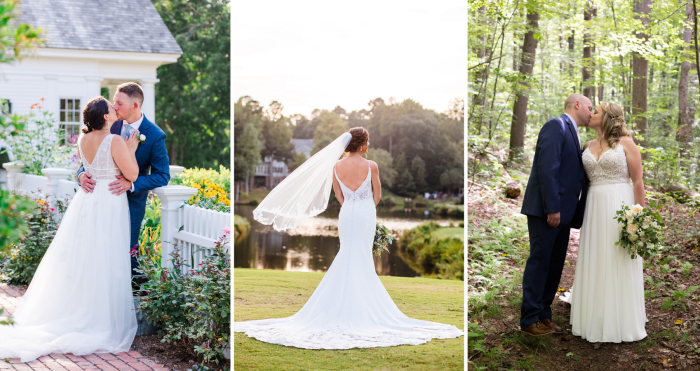 Spring Wedding Dresses Blog Header With Brides Wearing Wedding Dresses Called Raelynn By Rebecca Ingram, Bracken By Sottero And Midgley, And Lorraine By Maggie Sottero