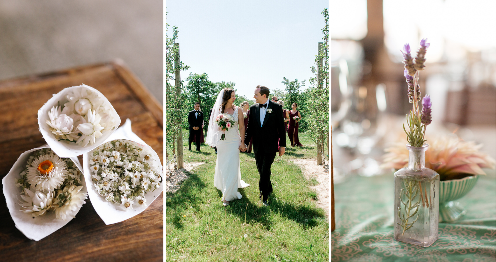 Blog Header For Maggie Sottero's Green Wedding Ideas Blog With A Photo Of A Sustainable Flower Send-Off, A Bride Wearing A Dress Called Aidan By Sottero And Midgley, And Thrifted Vase With Flower