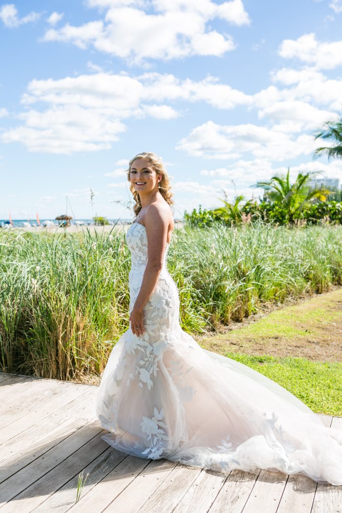 Bride On Beach Wearing Mermaid Wedding Dress Called Hattie By Rebecca Ingram