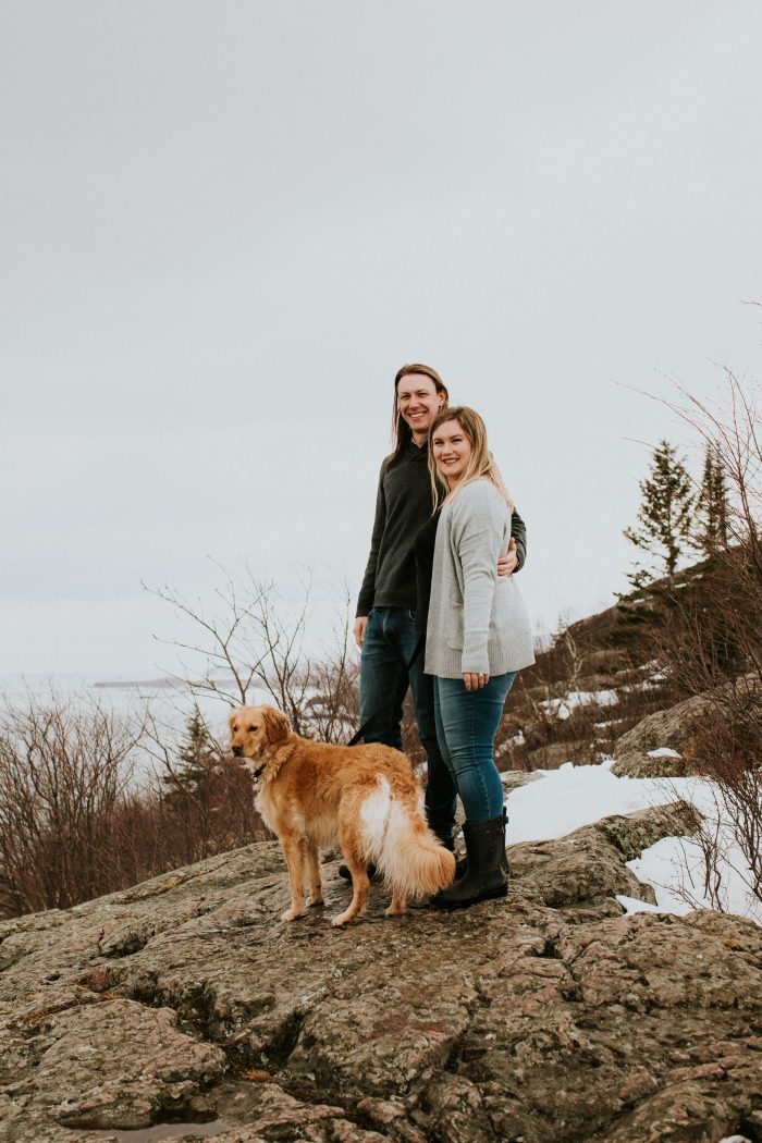 Real Bride With Fiance And Dog In Engagement Photo Discussing Body Positivity
