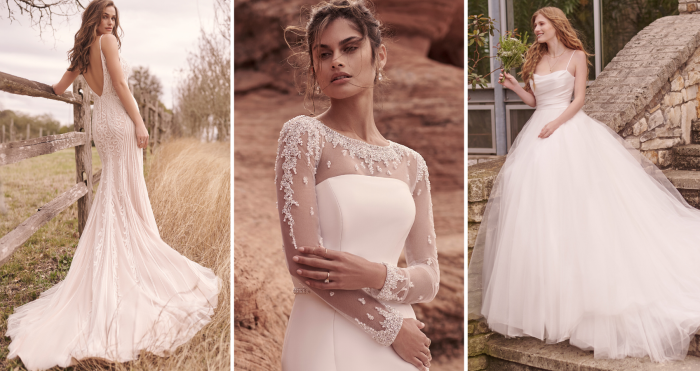 Brides Wearing Trendy Wedding Dresses Called Ambreal By Maggie Sottero, Holden By Sottero And Midgley, And Vivien By Rebecca Ingram