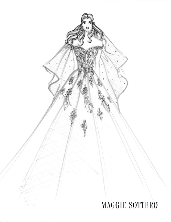 Drawing Of Off-The-Shoulder Wedding Dress Called Harlem By Maggie Sottero