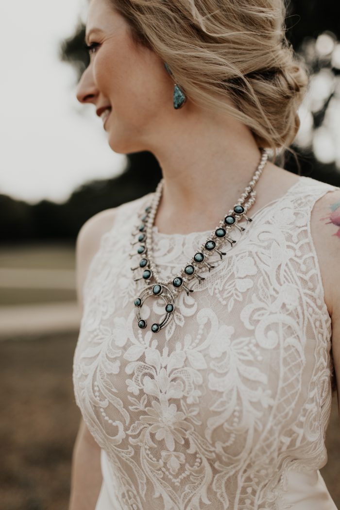 Bride Wearing A Western Wedding Dress Called Kevyn By Sottero And Midgley With Turquoise