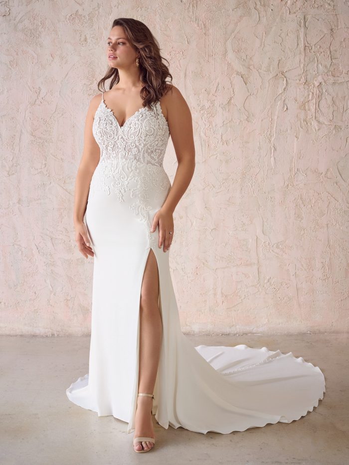 Bride Wearing Crepe Wedding Dress With Slit In Skirt Called Fayette By Maggie Sottero