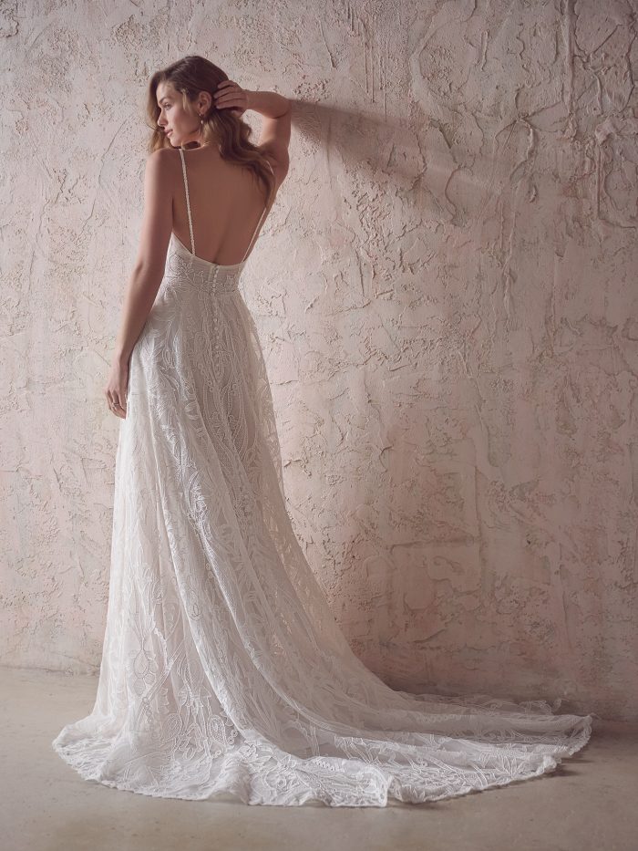 Bride Wearing An A-Line Boho Wedding Dress Called Hanaleigh By Maggie Sottero