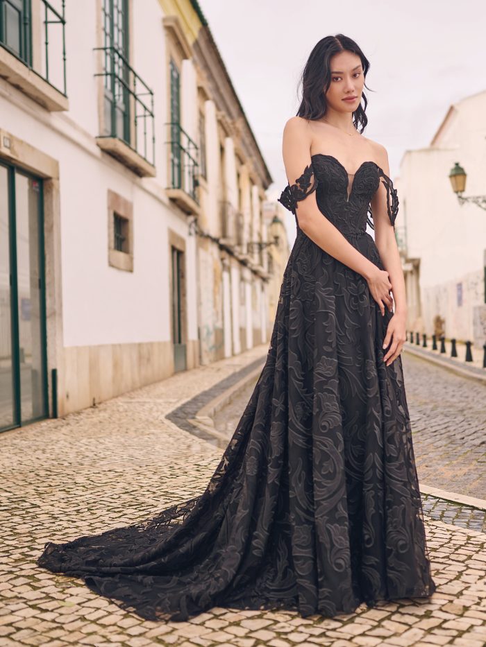 Bride In Black Off-The-Shoulder Wedding Dresses Called Penny By Maggie Sottero