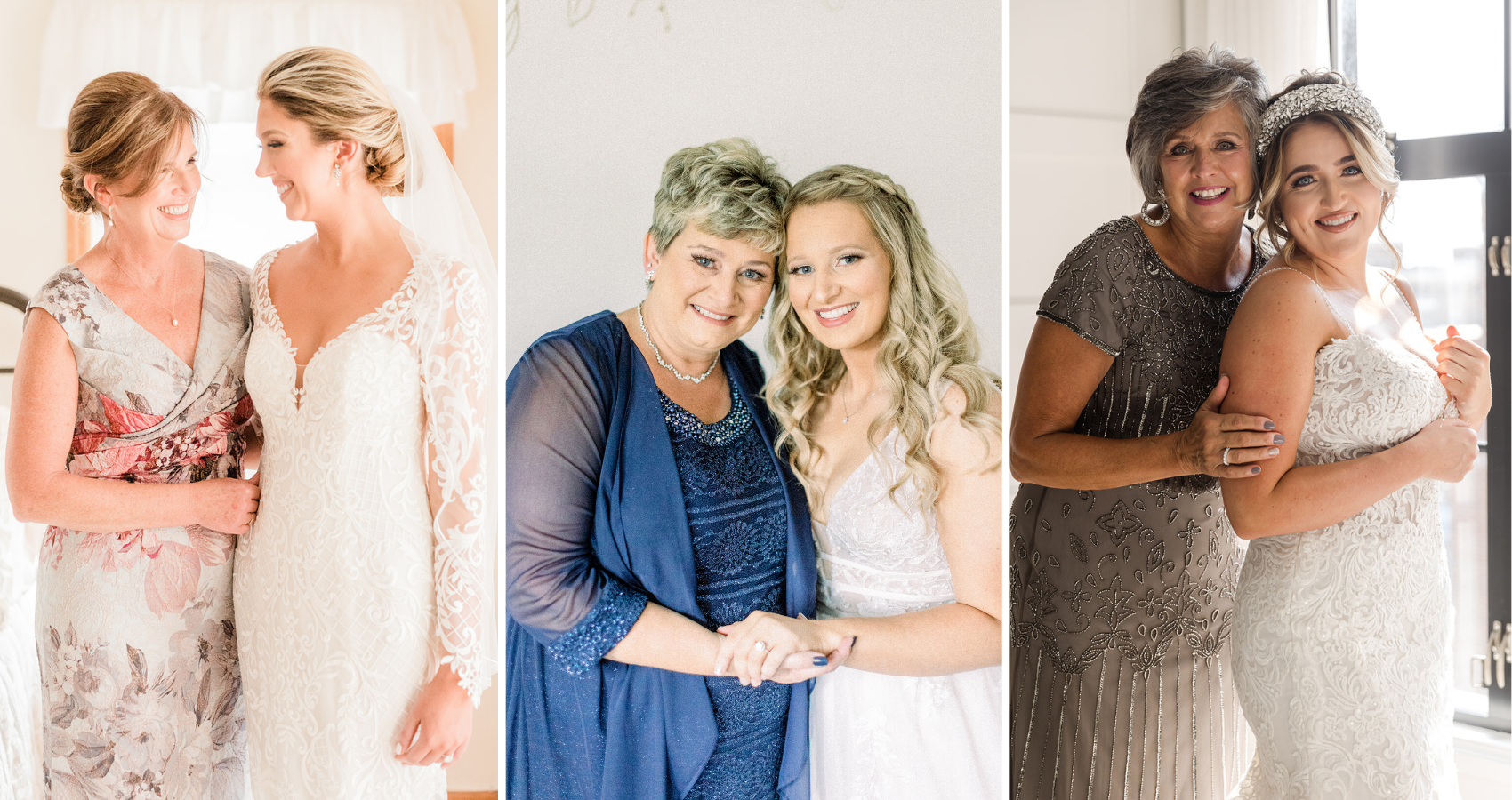 Brides With The Mother Of The Bride On Their Wedding Day With Brides Wearing Wedding Dresses Called Dakota By Sottero And Midgley, Raleynn By Rebecca Ingram, And Alistaire Lynette By Maggie Sottero