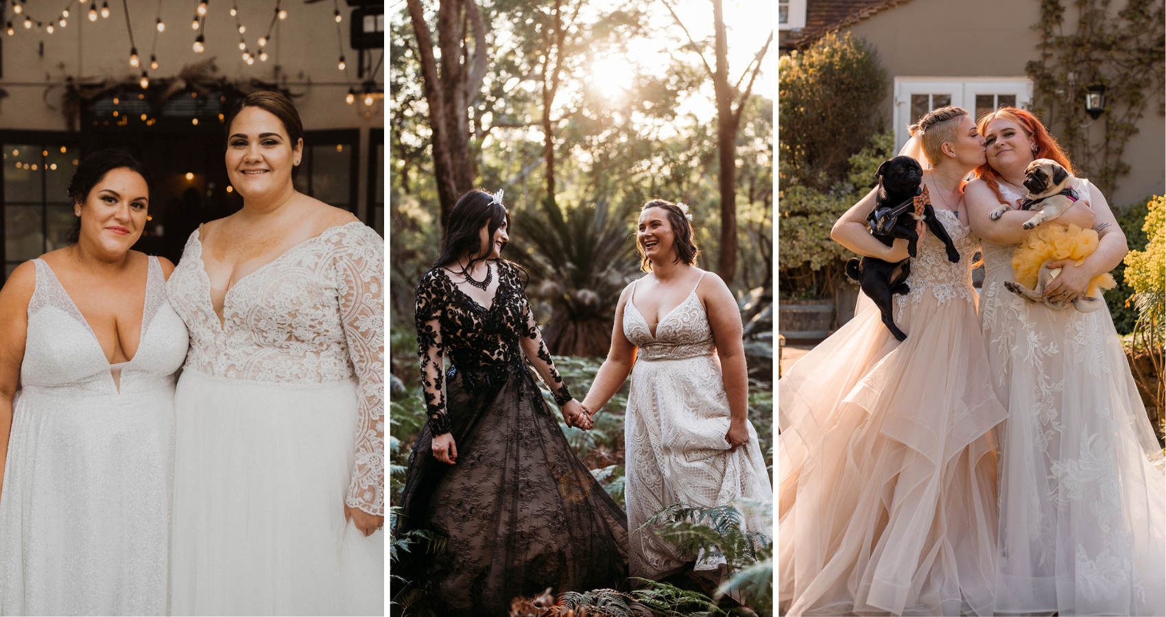 LGBTQ+ Brides Wearing Wedding Dresses Called Mallory Dawn By Maggie Sottero, Zander By Sottero and Midgley, Roxanne By Sottero And Midgley, And Priscilla By Rebecca Ingram IN LGBT Wedding