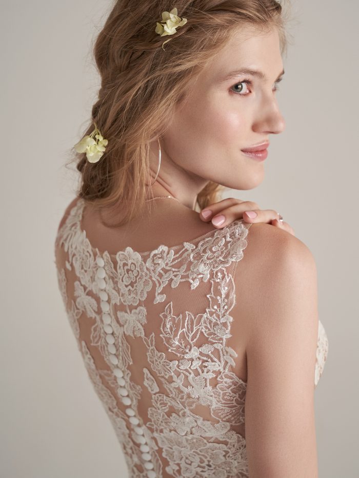 Bride Wearing Sheer A-Line Wedding Dress Called Emily By Rebecca Ingram