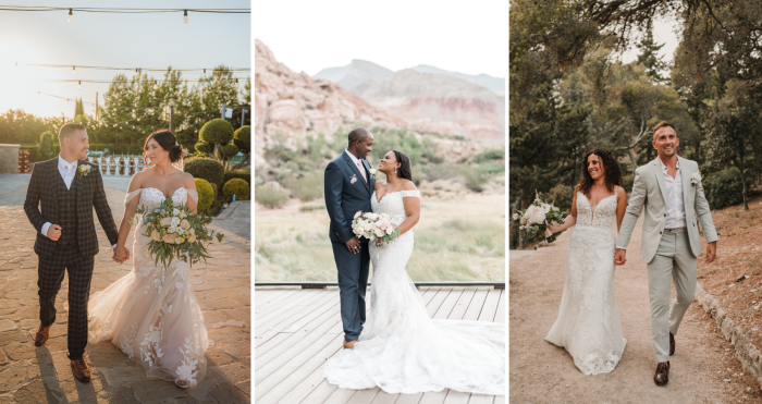 Brides Wearing Wedding Dresses Called Tuscany Lane By Maggie Sottero, Kennedy By Sottero and Midgley, And Hattie By Rebecca Ingram With Grooms