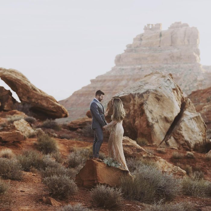Bride In An Elopement Wedding In The Desert Wearing A Wedding Gown Called Andrew By Sottero And Midgley