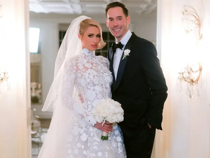 Paris Hilton In Modest Wedding Dress With Lace With Groom