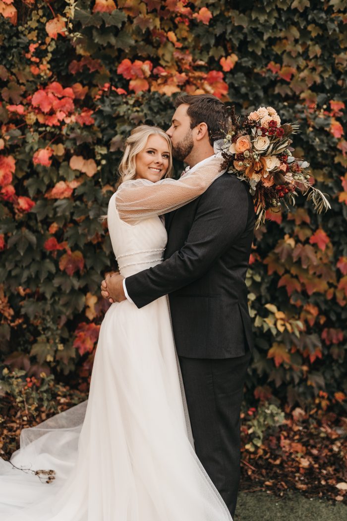 Bride In Wedding Dress With Detachable Bridal Sleeves Called Joanne By Rebecca Ingram