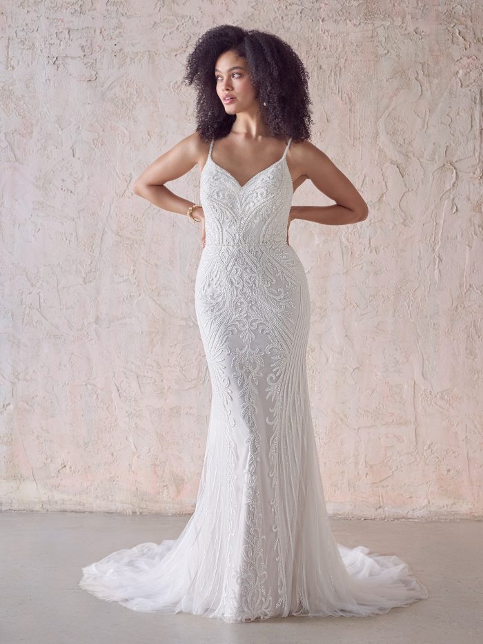 Bride Wearing A Sexy Art Deco Wedding Dress Called Ambreal By Maggie Sottero