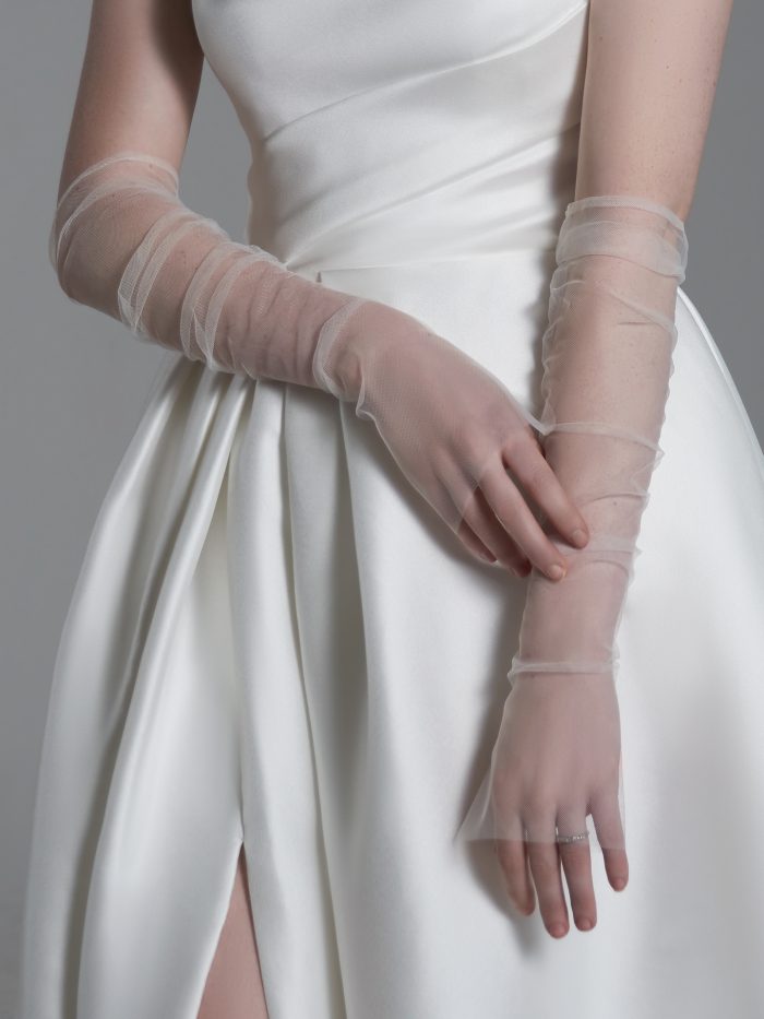 Bride In Simple Tulle Wedding Gloves Caled Kara By Maggie Sottero