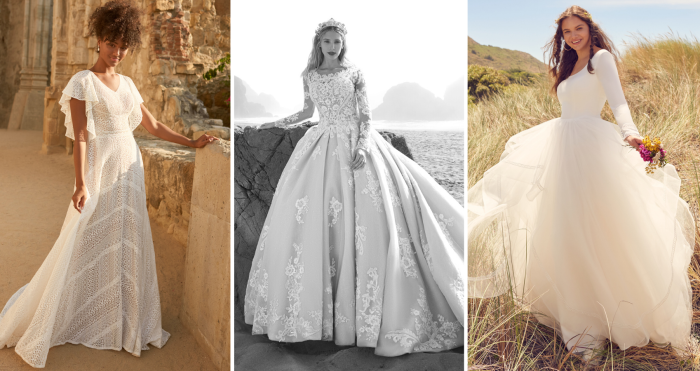 Brides In Modest Celebrity Inspired Wedding Dresses Called Orchid By Maggie Sottero, Norvinia Lynette By Sottero And Midgley, And Rosemary Leigh By Rebecca Ingram