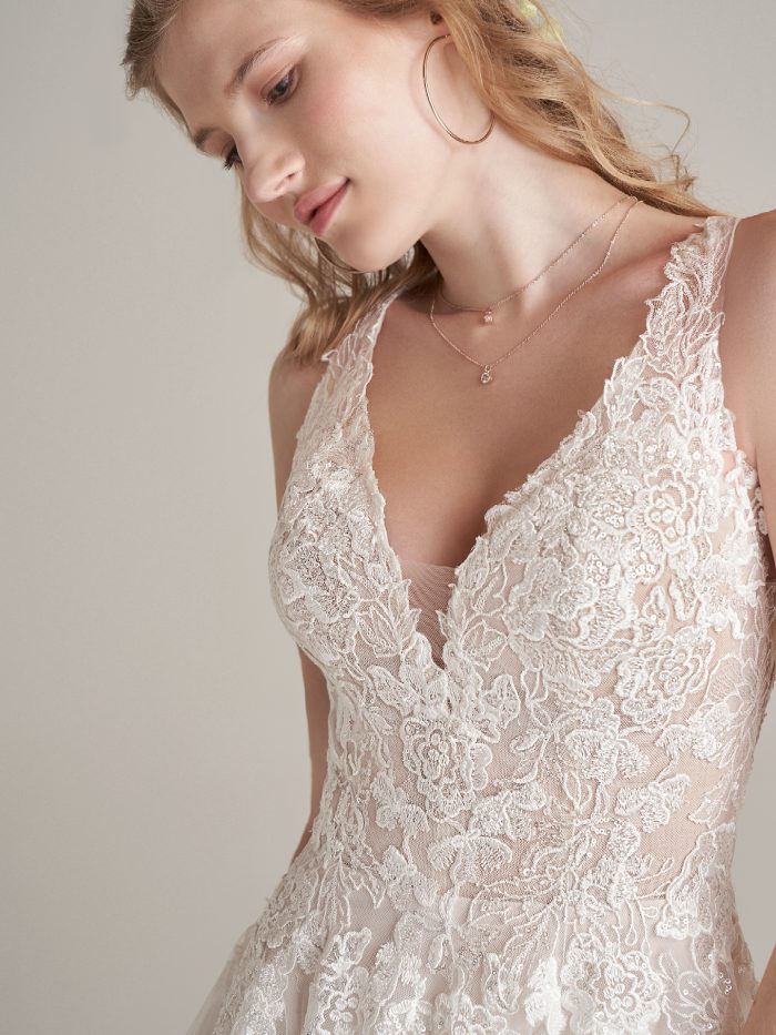 Bride Wearing Sexy Beach Wedding Dress With Full Skirt Called Emily By Rebecca Ingram