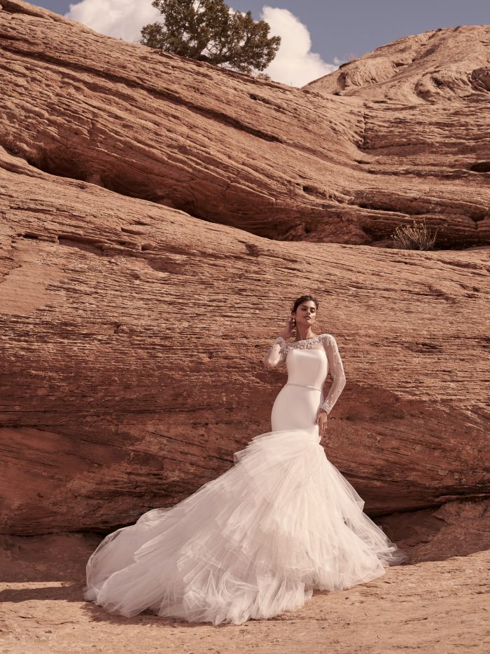 Bride Wearing A Dramatic Modern Mermaid Wedding Dress Called Holden By Sottero And Midgley