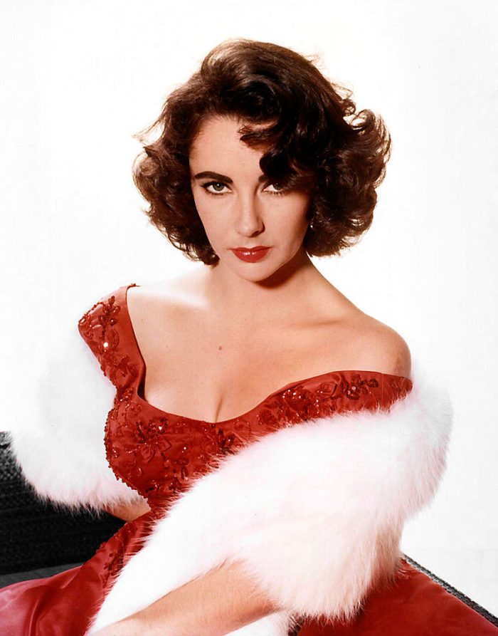 Elizabeth Taylor In Red Gown With Faux Fur