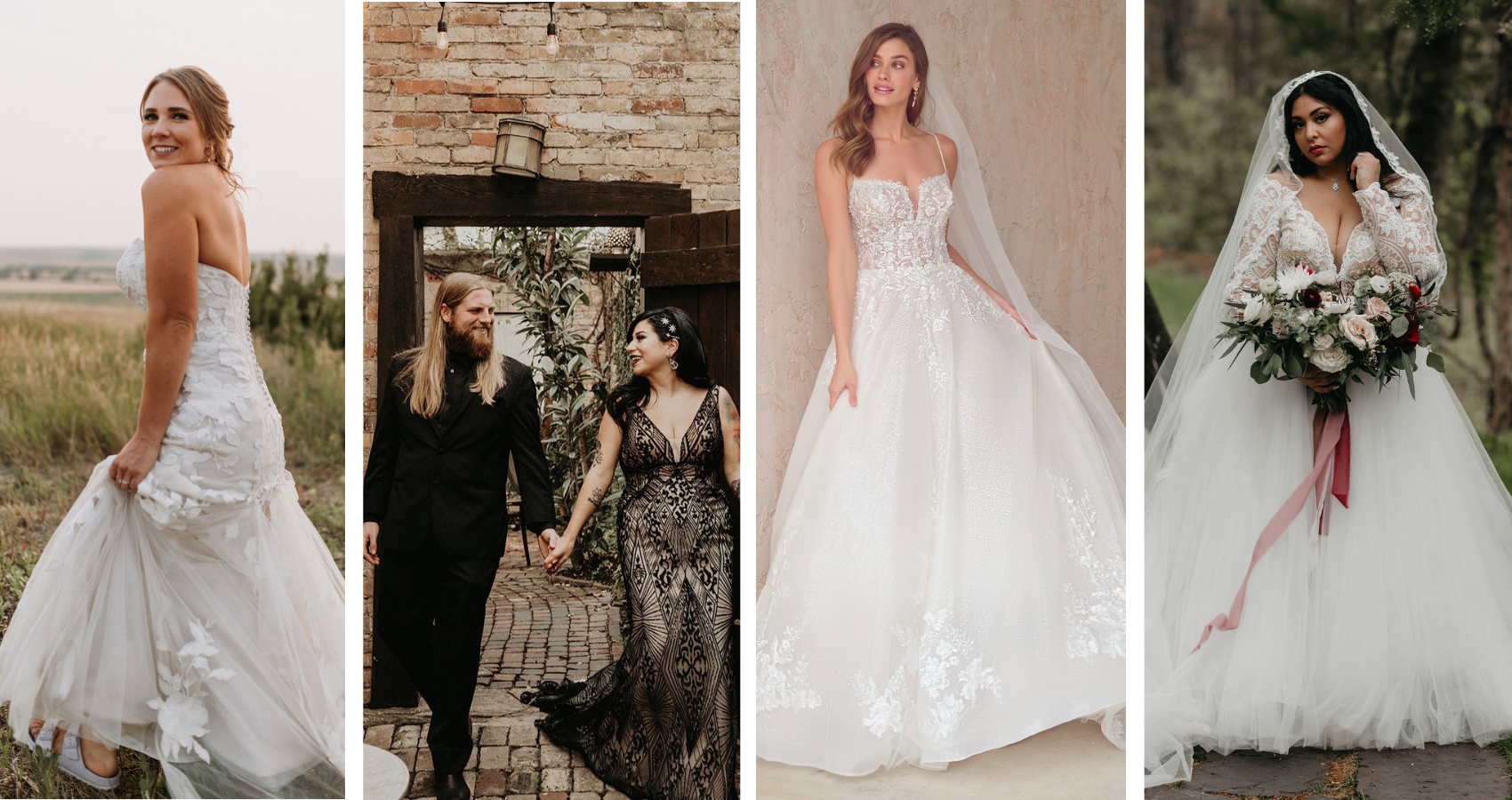 Brides In Harry Potter Wedding Dresses Called Hattie By Rebecca Ingram, Elaine By Maggie Sottero, Casey By Maggie Sottero, And Mallory Dawn By Maggie Sottero