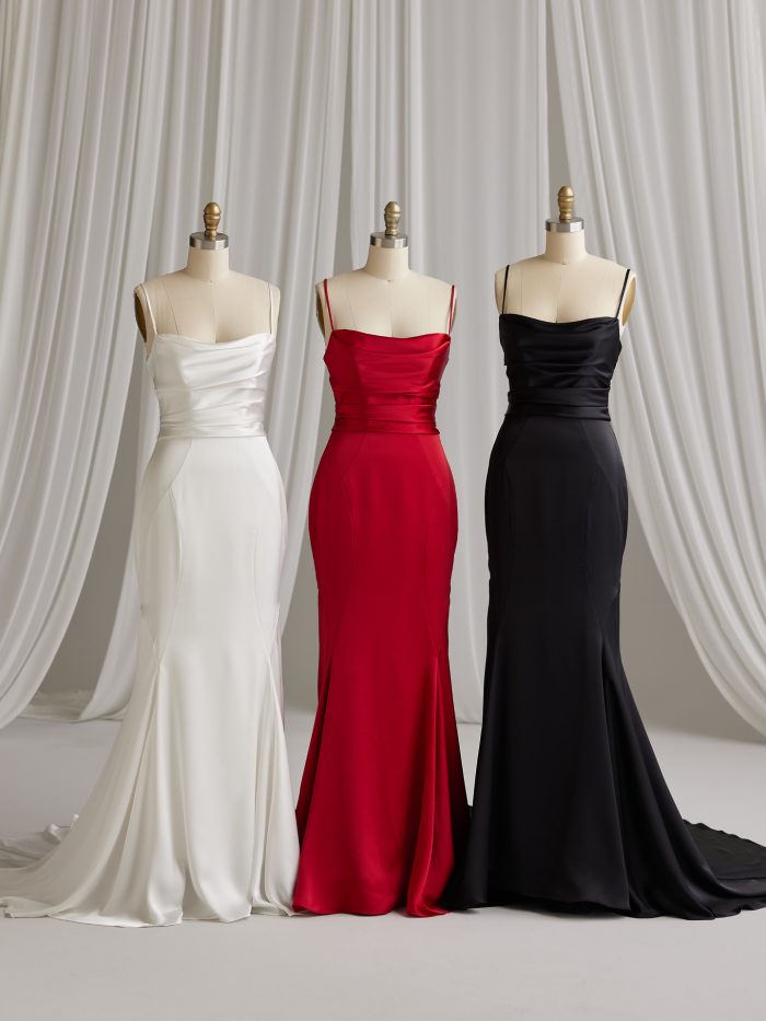 Mannequins In Colorful Wedding Dresses Called Scarlet Lane In Red, White, And Black